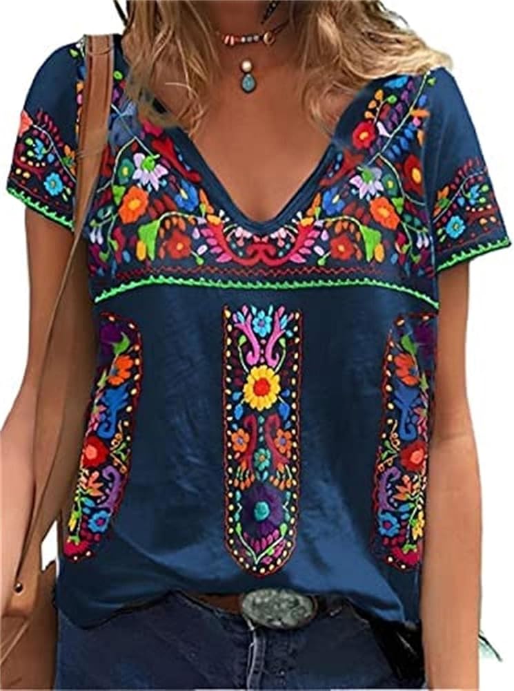 Fiesta Mexican Shirts for Women V Neck Floral Print Boho Short Sleeve Casual Embroidered Tops