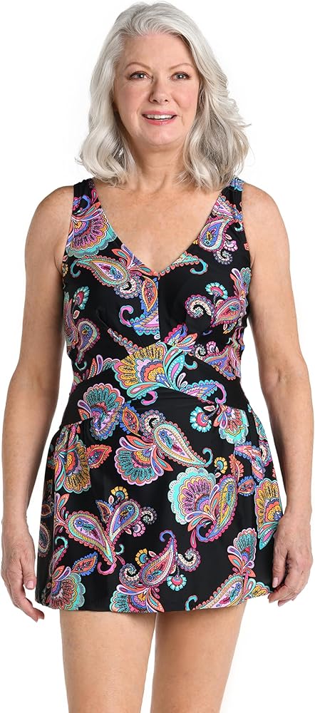 Maxine Of Hollywood Women's V-Neck Swim Dress One Piece Swimsuit