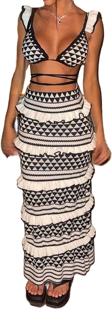 Crochet Knit 2 Piece Skirt Set for Women Long Sleeve Knit Top Hollow Out Bodycon Skirt Set Beachwear Streetwear