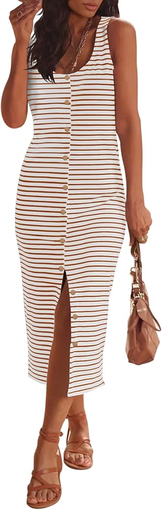 MEROKEETY Women's Summer Sleeveless Striped T Shirt Tank Midi Dress Casual Scoop Neck Bodycon Dresses