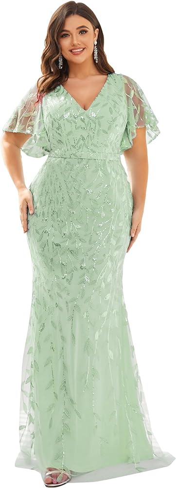 Ever-Pretty Women's V-Neck Curvy Embroidery Formal Dresses Plus Size Sequin Mother of The Bride Dresses 0692-PZUSA