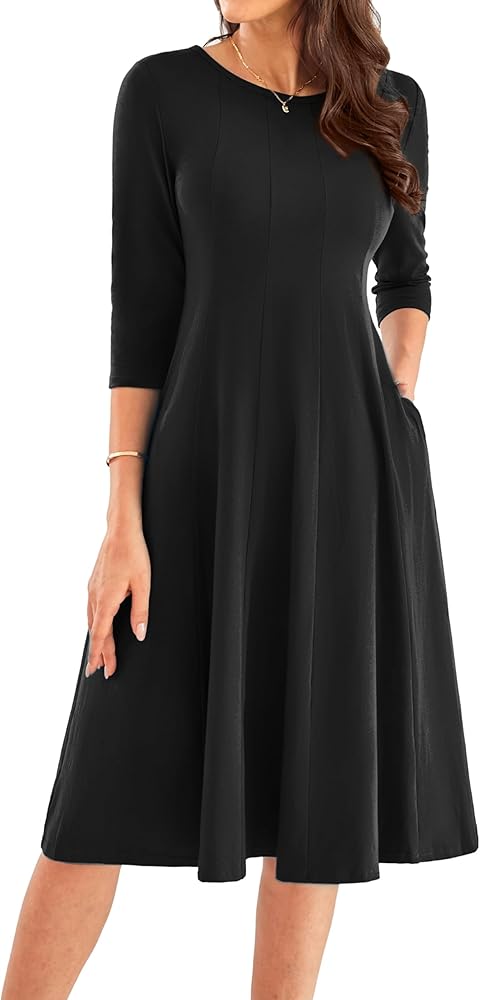 GRACE KARIN Womens 2024 Fall Trendy Crew Neck 3/4 Sleeve A Line Flowy Casual Midi Dress with Pockets