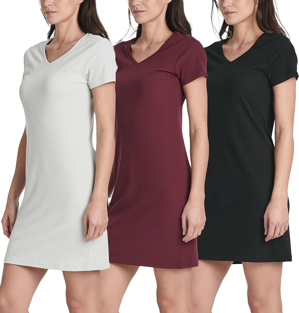 Real Essentials 3 Pack: Women's Ribbed Knit Short-Sleeve V-Neck Swing T-Shirt Casual Dress (Available in Plus)