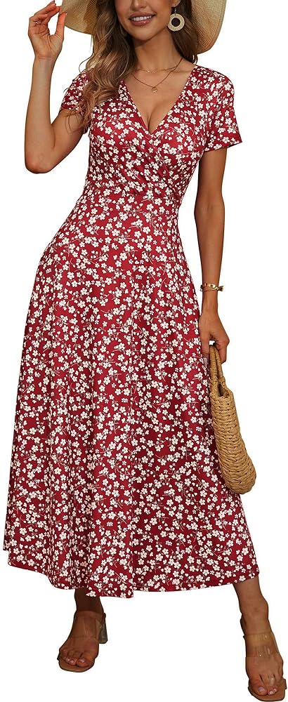 HUHOT Women's Short Sleeve Wrap V Neck Dresses for Wedding Guest Summer Floral Maxi Sundresses with Pockets Boho Dress 2024