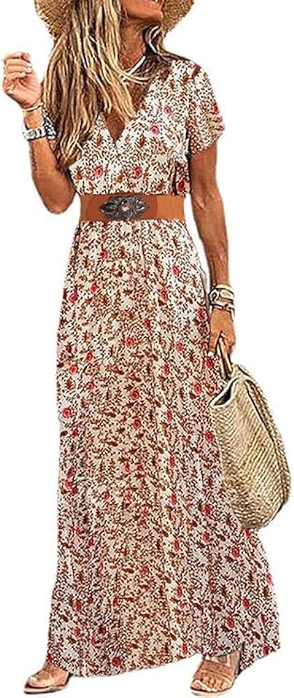 Woolicity Women's 2024 Floral Summer Dress Bohemian Maxi Dresses Wrap V Neck Short Sleeve Belted Midi Long Sun Dresses Red