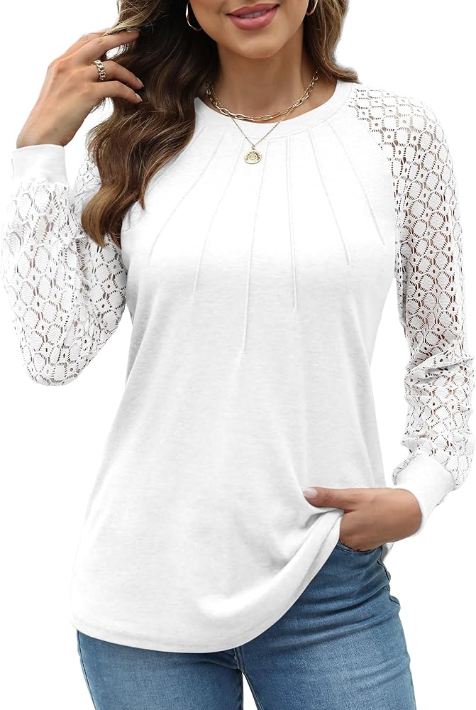 Womens Tops Dressy Business Casual Blouses Cute Soft Lace Long Sleeve Work Shirts Fall Clothes