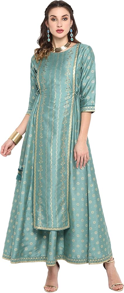 Janasya Indian Women's Green Silk Blend Ethnic Dress