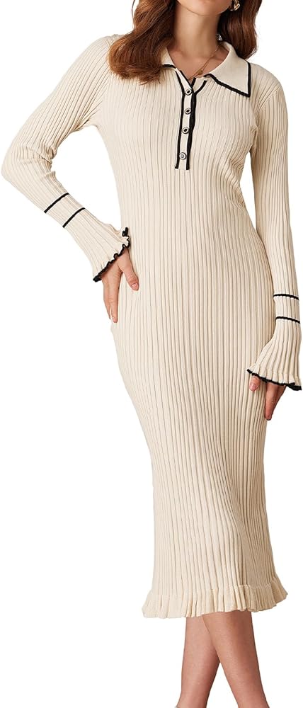 GRACE KARIN Women's 2024 Long Sleeve Sweater Dress Button Knit Slim Fit Casual V Neck Elegant Bodycon Midi Dresses