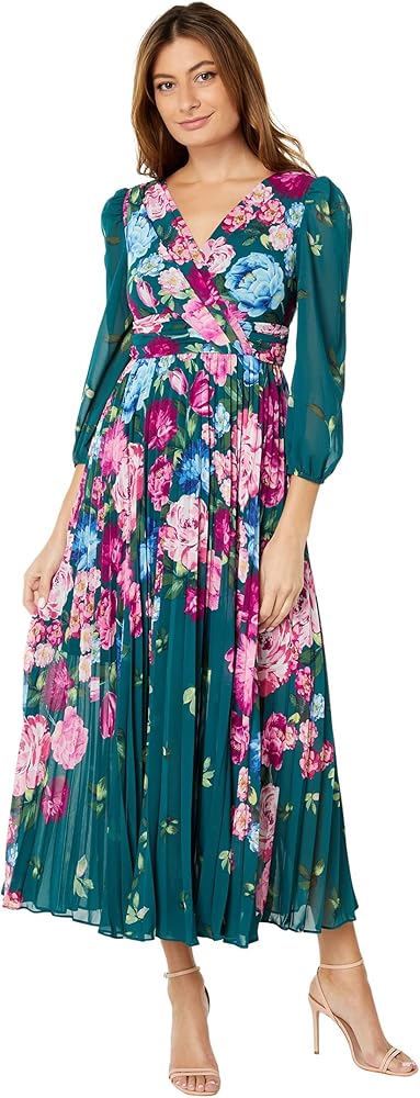 Maggy London Women's 3/4 Sleeve Maxi Dress with Pleated Skirt Occasion Event Guest of Wedding