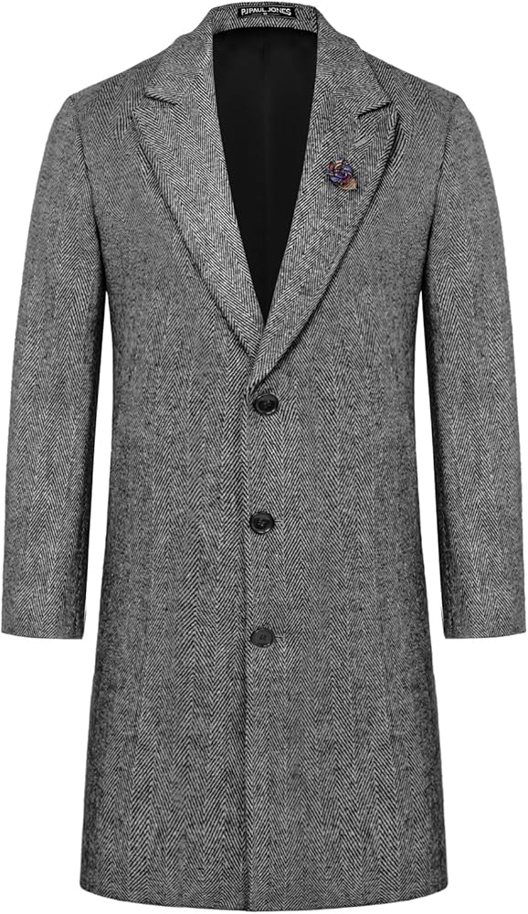 PJ PAUL JONES Men's Herringbone Wool Blend Long Overcoat Pea Coat with Brooch