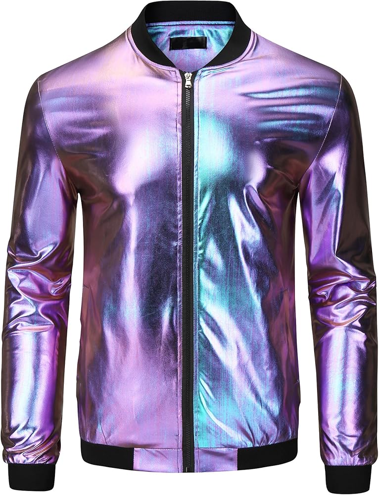 Lars Amadeus Holographic Metallic Varsity Jacket for Men's Zip Up Long Sleeves Shiny Bomber Jacket