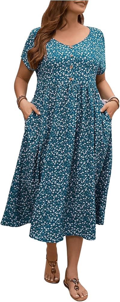 Floerns Women's Plus Size Floral Print A Line Dress Button Front Midi Dress