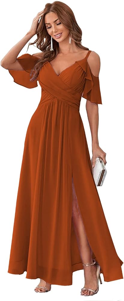 Stylefun Women's Cold Shoulder Chiffon Bridesmaids Dresses with Slit Long Formal Party Dress for Junior CYM058