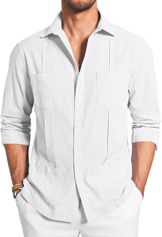 Makkrom Mens Guayabera Linen Shirts Long Sleeve Button Down Cuban Casual Summer Beach Shirt Tops