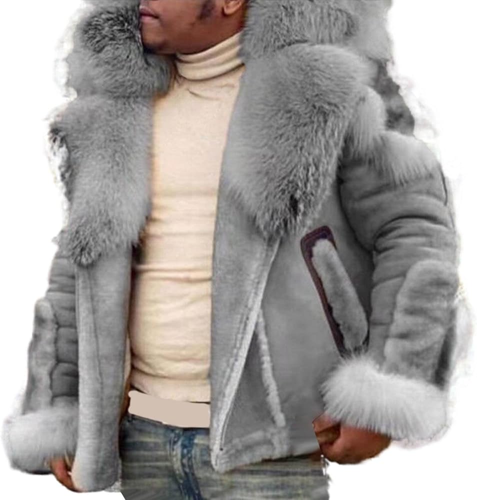 HABEN Mens Leather Fur Coat Luxury Trendy Winter Fluffy Jacket Fuzzy Furry Shearling Sheepskin Bomber Jackets Coat Outwear