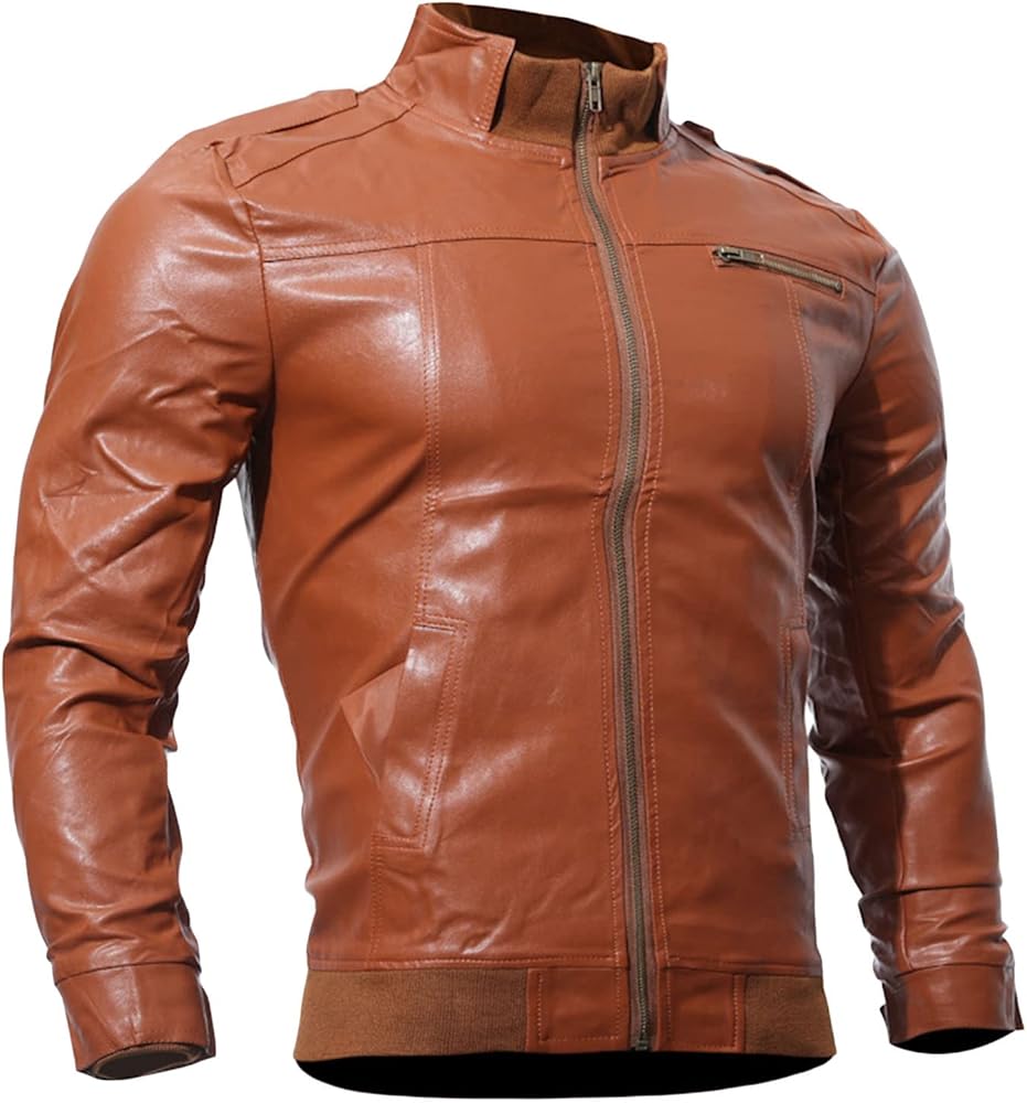 Maiyifu-GJ Men's Slim Motorcycle Jacket Faux Leather Zip Up Windproof Moto Coat Stand Collar Vintage Bomber Outwear