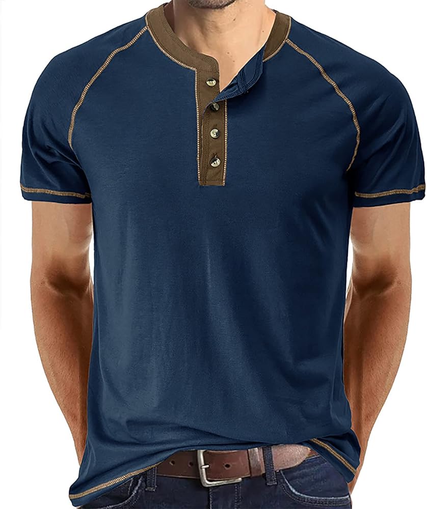 Men's Henley Shirt Short Sleeve Casual Lightweight Button Cotton Basic T-Shirt Raglan Sleeve Henley Top