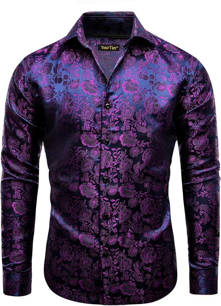 Mens Floral Printed Long Sleeve Dress Shirts Regular Fit Luxury Paisley Silk Button Down Shirt for Wedding Party