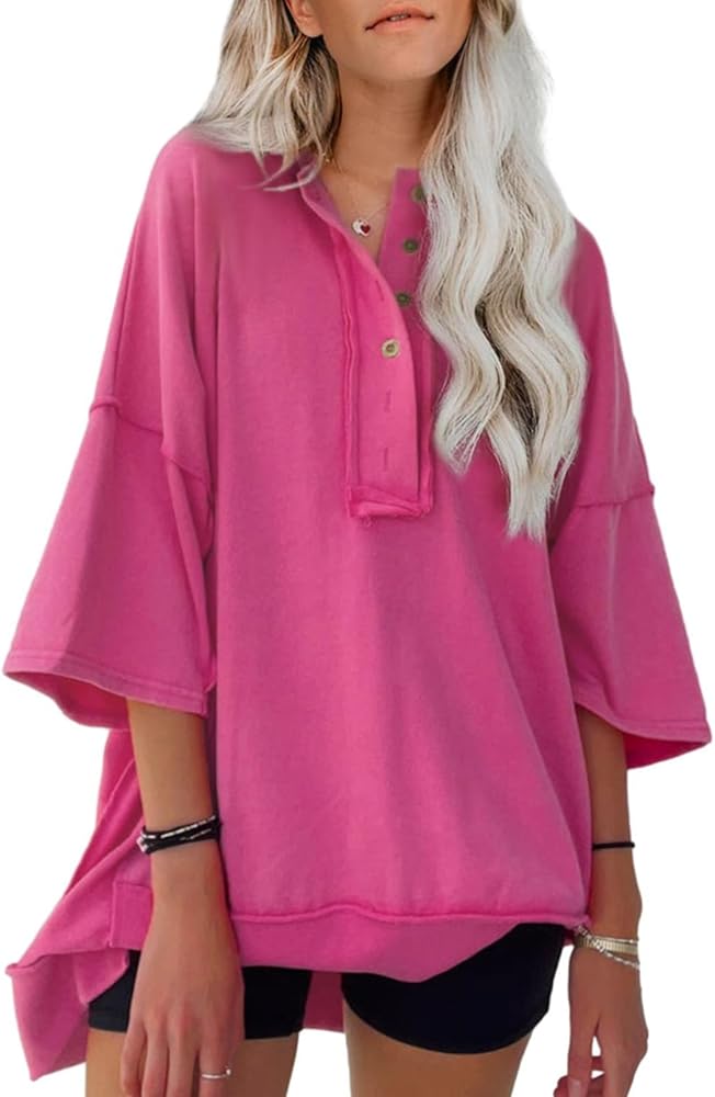 AlvaQ Womens Oversized Short Sleeve Sweatshirt Summer Casual Loose Button Down Henley V Neck Pullover Tunic Tops Shirts