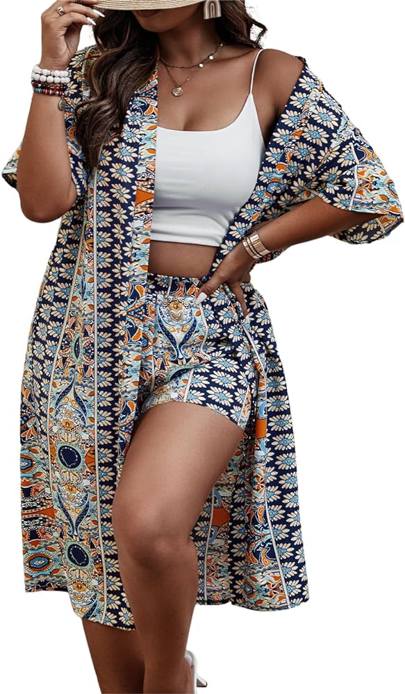 SOLY HUX Women's Plus Size 2 Piece Outfits Boho Print Open Front Half Sleeve Kimono and Shorts Set