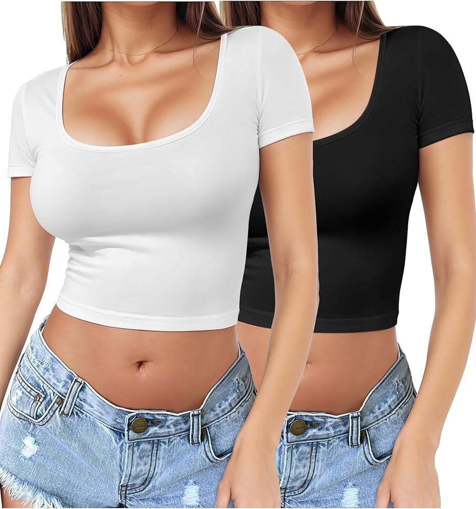 2 Piece Women's Square Neck Short Sleeve Crop Top Y2K Shirt Slim Fitted Casual Base Layer Workout Shirt Going Out Tops