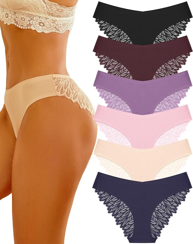 Cheeky Underwear for Women Lace No Show Bikini Soft Breathe Seamless Panties Ladies Sexy Hipster Set 6 Pack