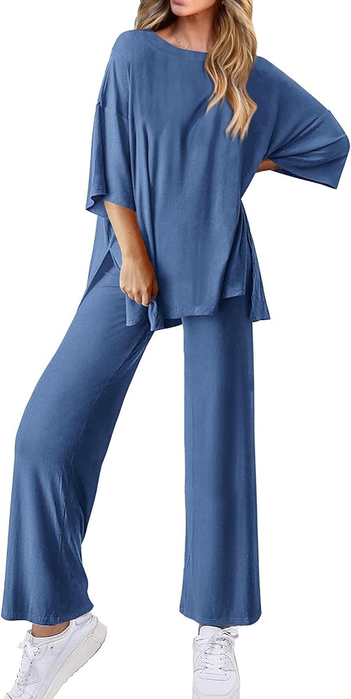 KIRUNDO Womens 2 Piece Outfits Lounge Set 2024 Casual Loose Short Sleeve Knit Pullover Tops and Wide Leg Pants Tracksuits