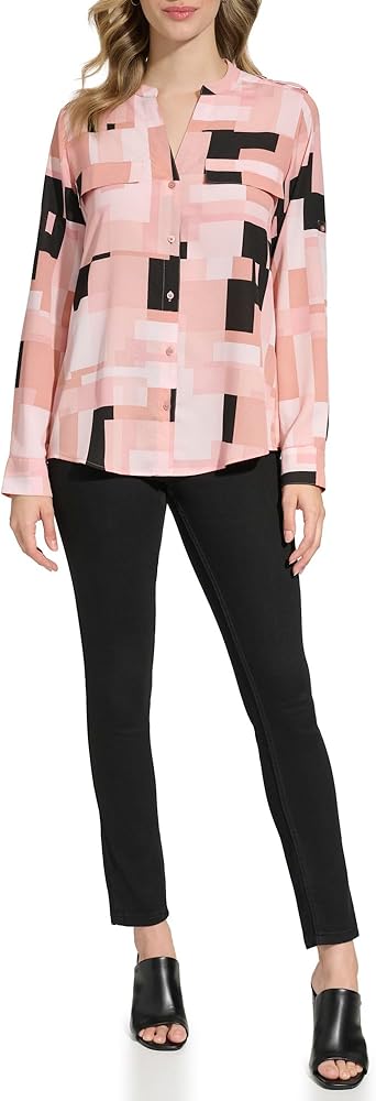 Calvin Klein Women's Printed Roll Tab Sleeve Blouse