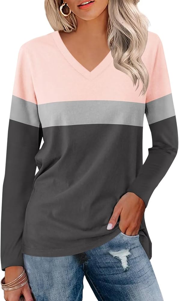 Minetom Women's V Neck Long Sleeve T Shirts Casual Color Block/Solid Tunic Tops Basic Tees