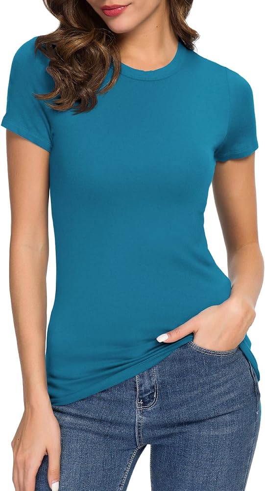 Women's Crewneck Slim Fitted Short Sleeve T-Shirt Stretchy Bodycon Basic Tee Tops