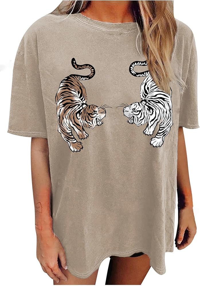 Avanova Women Tigers Graphic Oversized Tee Top Short Sleeve Loose Crewneck Summer T-Shirt