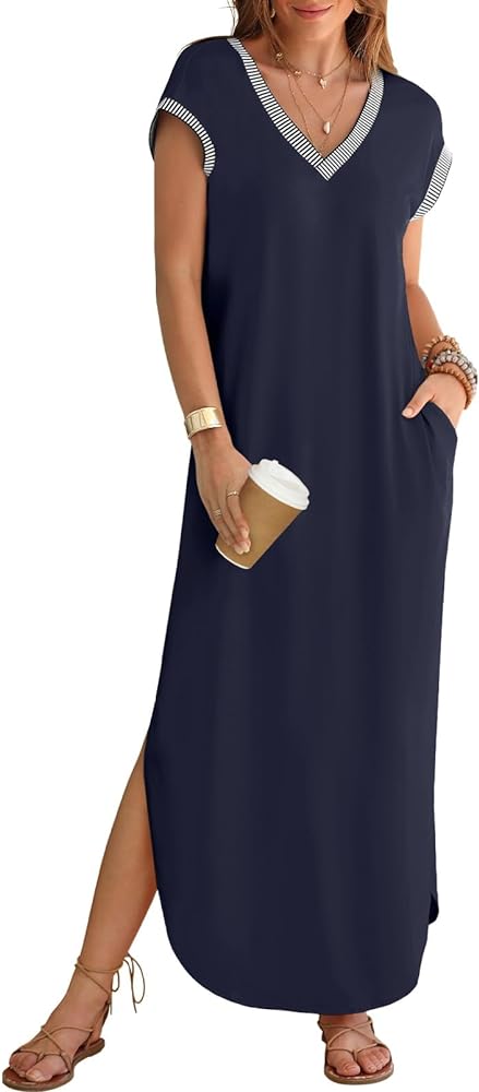 MEROKEETY Women's 2024 Summer Short Sleeve Maxi Dress V Neck Split Loose Casual Beach Long Dresses