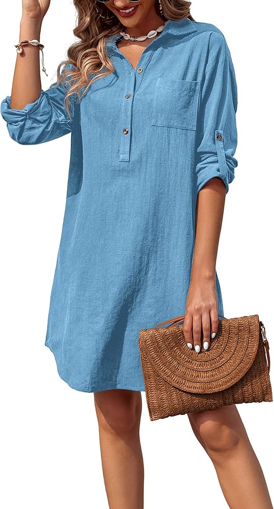 Zeagoo Women Summer Dress Cotton Linen Shirt Dress Button Down Tunic Dress Beach Cover Up Dress