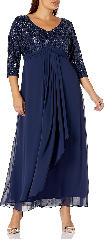 Alex Evenings Women's Size Long Lace Top Empire Waist Dress, Navy Plus, 16W