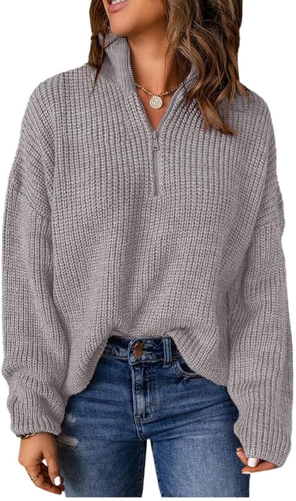 Dokotoo Womens Sweaters Long Sleeve 1/4 Zip Pullover Polo V Neck Dressy Casual Tops