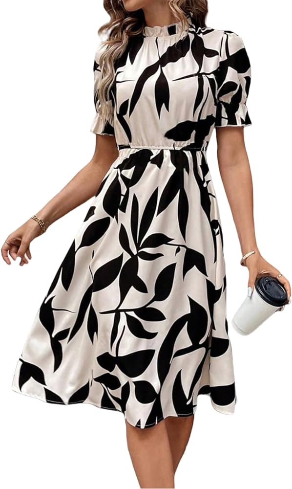 Women's Summer Dress Modest A Line Midi Dress Ruffle Mock Neck Casual Dress Leaf Print