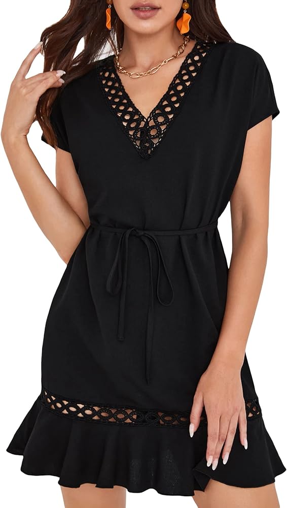 Floerns Women's Summer Polka Dots V Neck Ruffle Cap Sleeve A Line Mini Dress