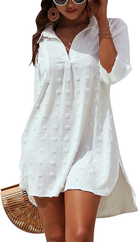 Blooming Jelly Womens Swimsuit Coverups White Chiffon Bikini Swimwear Beach Cover Up Dress Shirt