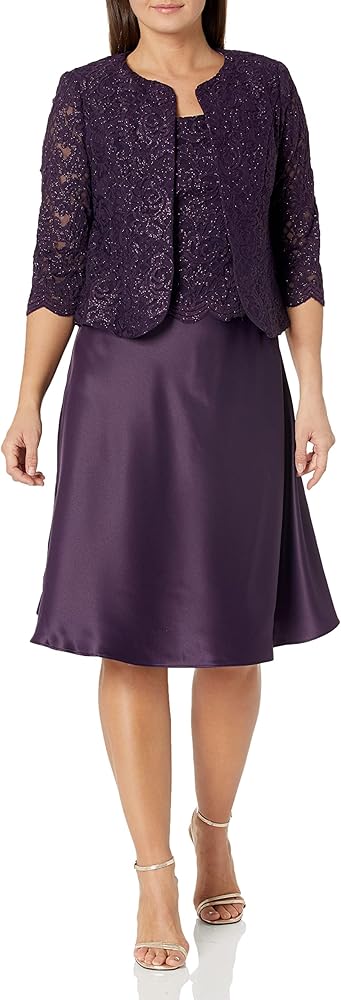 Alex Evenings Women's Tea Length Mock Dress with Sequin Jacket (Petite and Regular Sizes)