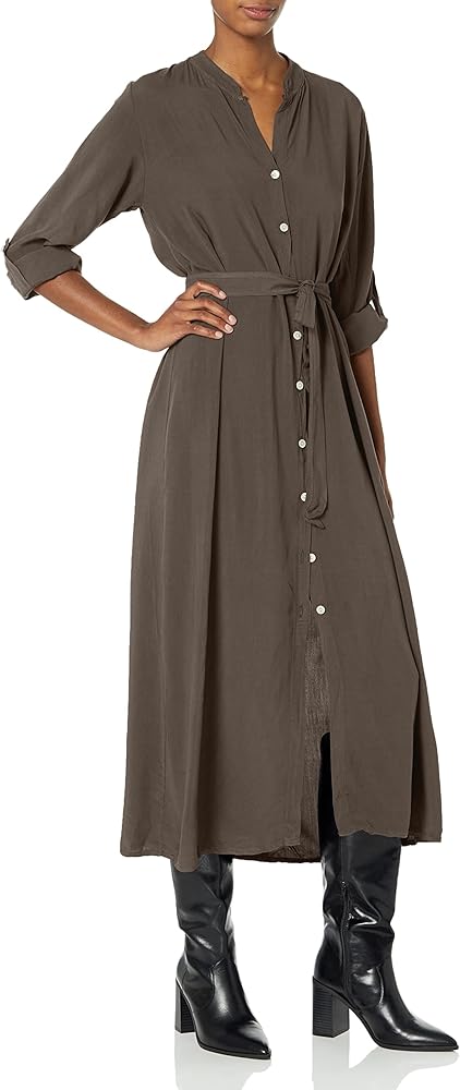 M Made in Italy Women's Long-sleeve Button-front Belted Casual Dress