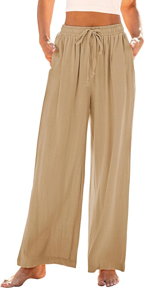 GRAPENT Wide Leg Pants Woman Linen High Waisted Pull On Flowy Casual Baggy Drawstring Palazzo Trousers Pants Resort Wear