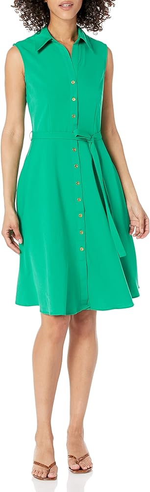 Sharagano Women's Sleeveless Button Front Shirt Dress with Sweep