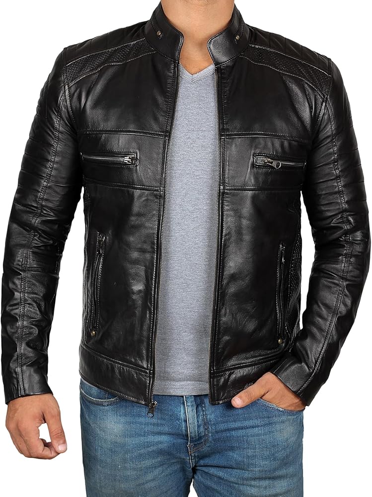 Decrum Brown Leather Jacket Mens - Cafe Racer Real Lambskin Leather Distressed Motorcycle Jacket