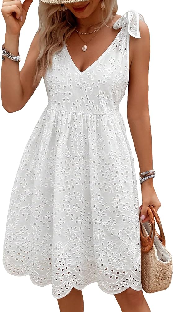 WDIRARA Women's Eyelet Embroidery V Neck Scallop Trim Knot Shoulder Sleeveless Short Dress