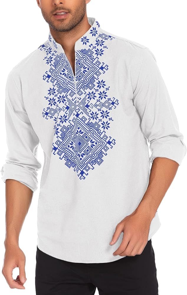 COOFANDY Men's Henley Shirt Long Sleeve Floral Print Casual Zip Up Cotton Beach Party Hippie T Shirt