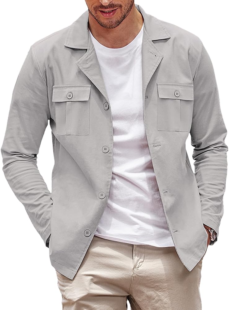 COOFANDY Men's Casual Shirt Jacket Cotton Linen Shacket Lightweight Work Coat Button Down Overshirt