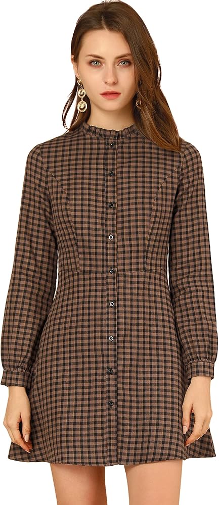 Allegra K Women's Vintage Check Ruffle Neck Button Down Long Sleeve A-Line Dress