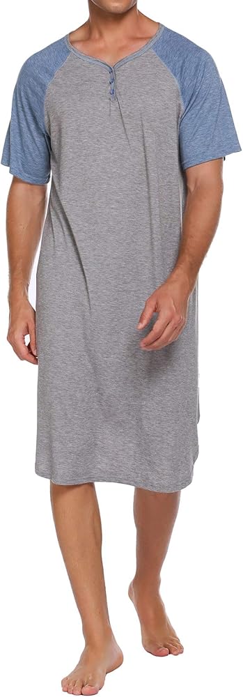 Ekouaer Sleepwear Men's Nightshirt Short Sleeve Pajamas Comfy Big & Tall Henley Sleep Shirt M-XXXL