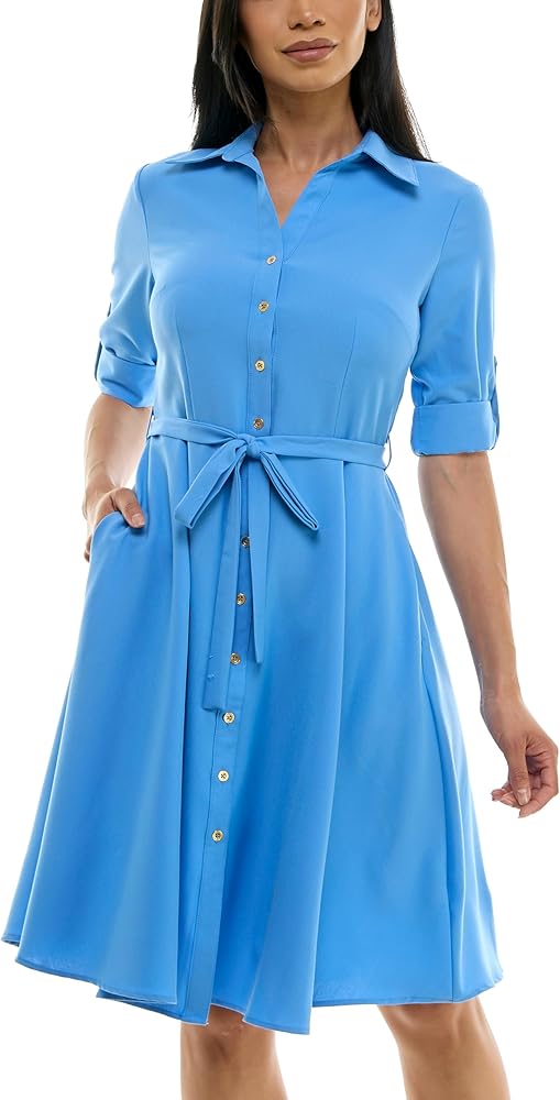 Sharagano Women's Button Front Pleated Shirt Casual Dress, Cayman Blue, 6