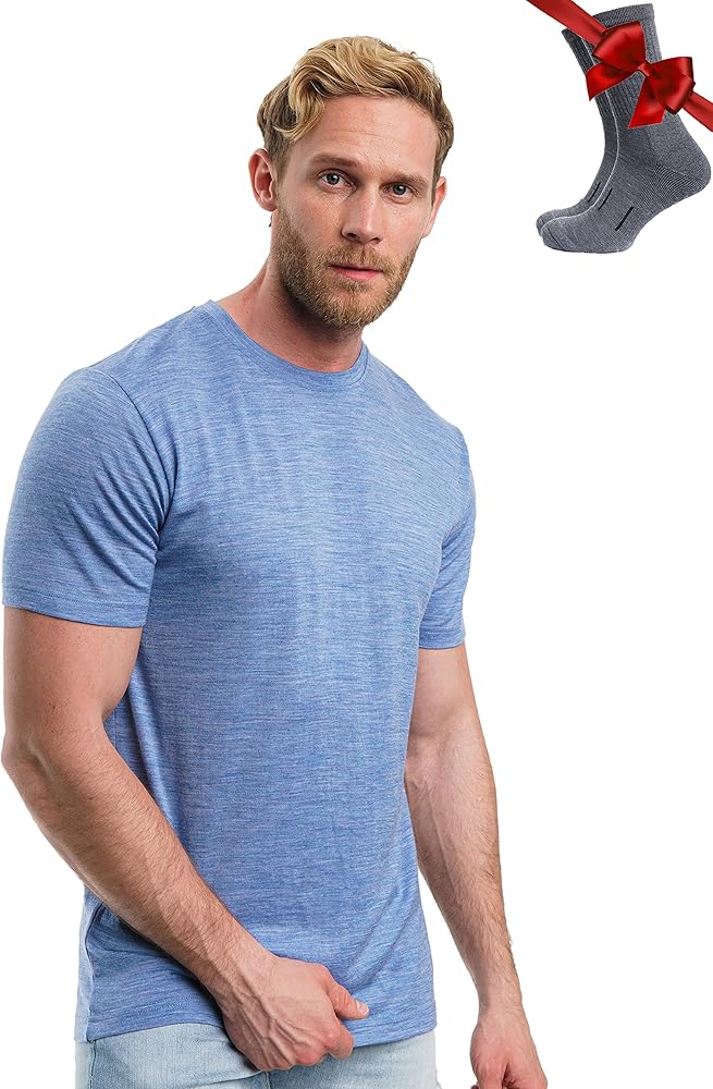 Merino.tech Merino Wool T-Shirt Mens - 100% Organic Merino Wool Undershirt Lightweight Base Layer + Hiking Wool Socks